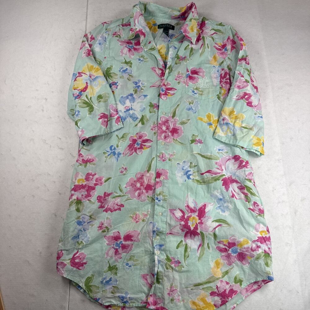 Lauren Ralph Lauren Women M Sleep Cover Shirt Pink Floral 3/4 Sleeve Pockets